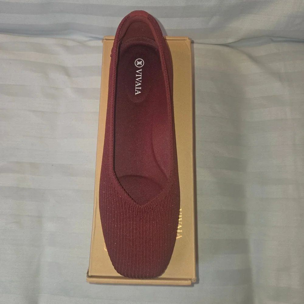 Vivaia Margot 2.0 Sparkle Burgundy Square Toe Knit Flats EU 39 Us 8